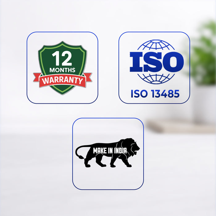 Three logos on a white background: 12 months warranty, ISO 13485, and 'Make in India'.
