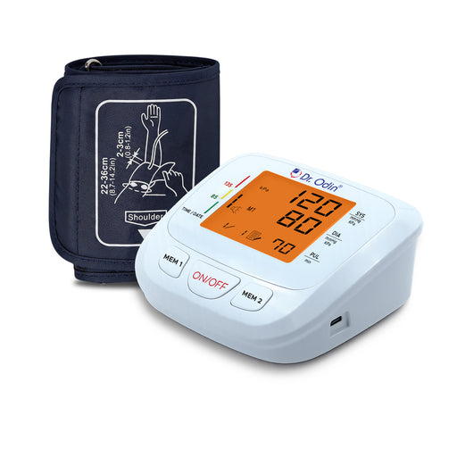Blood pressure monitor with digital display and cuff on a white background