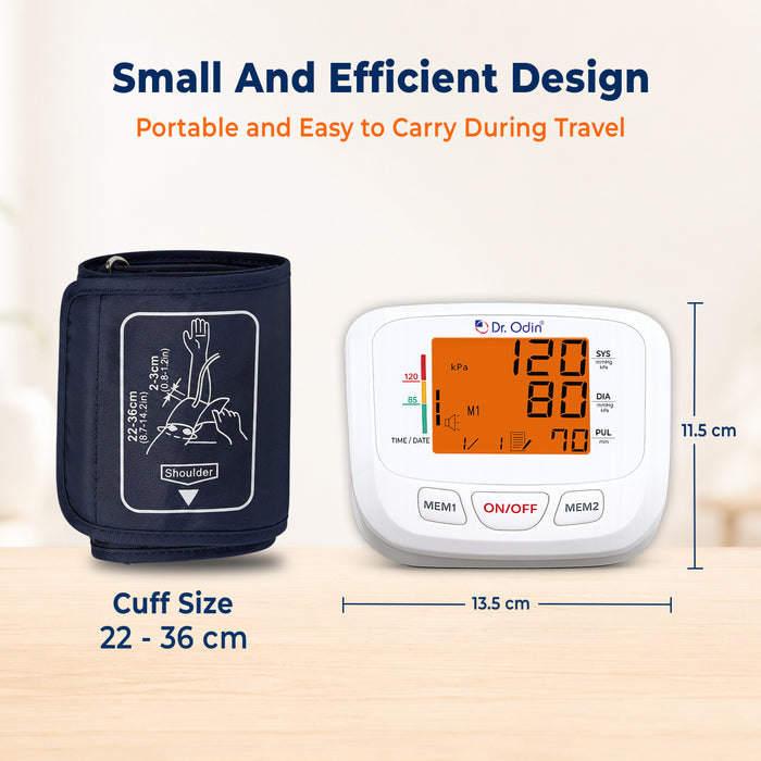Blood pressure monitor with cuff and digital display on a light background