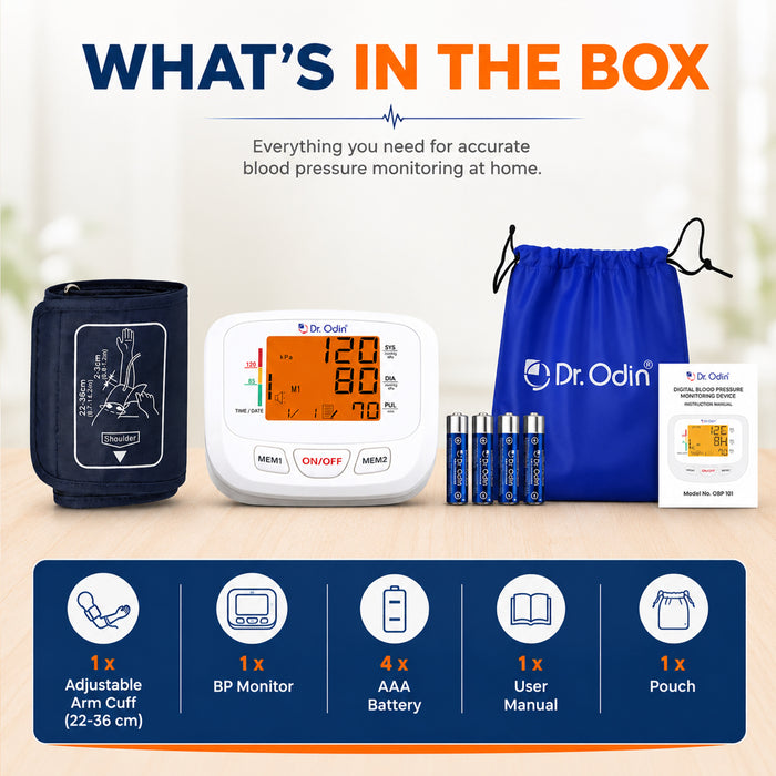 Dr. Odin blood pressure monitoring kit with arm cuff, monitor, batteries, and pouch on a wooden surface.