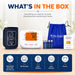 Dr. Odin blood pressure monitoring kit with arm cuff, monitor, batteries, and pouch on a wooden surface.