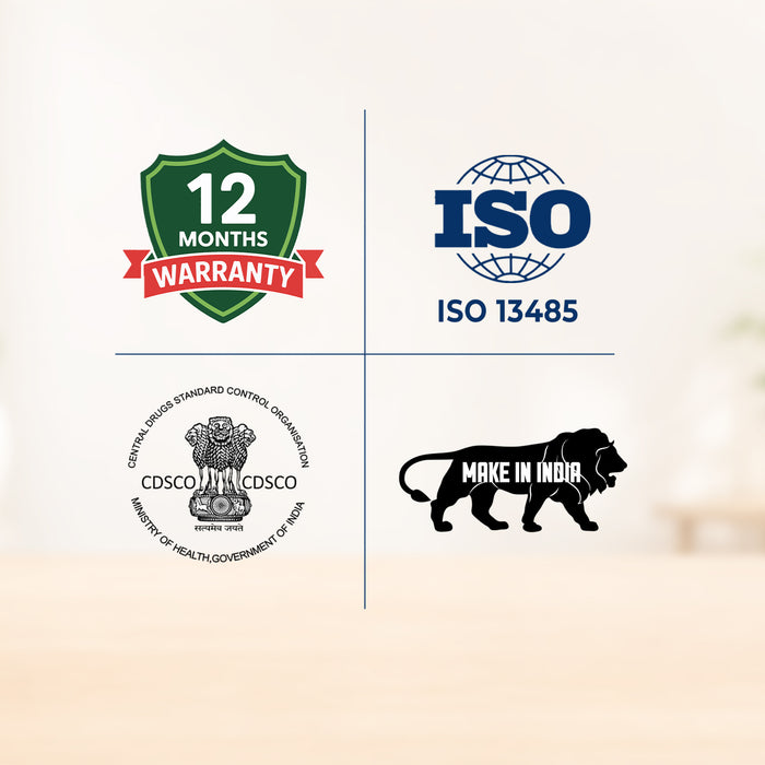 Four logos on a beige background: 12 months warranty, ISO 13485, CDSCO logo, and 'Made in India' lion emblem.