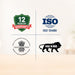 Four logos on a beige background: 12 months warranty, ISO 13485, CDSCO logo, and 'Made in India' lion emblem.