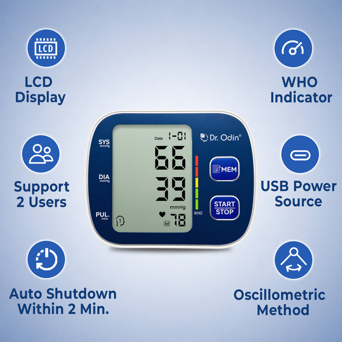 Digital blood pressure monitor with features listed on a blue background