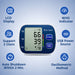 Digital blood pressure monitor with features listed on a blue background