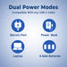 Diagram showing dual power modes compatible with USB-C cable on a blue background