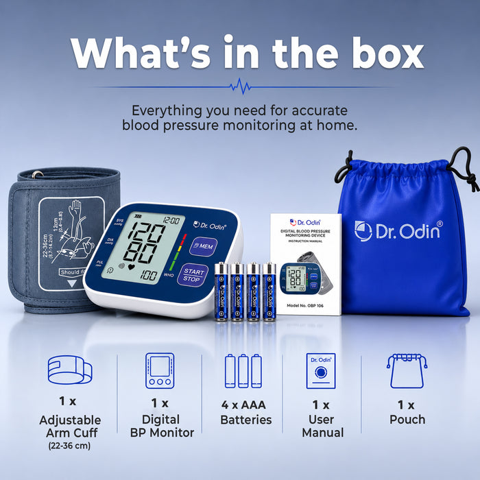 Dr. Odin blood pressure monitoring kit with arm cuff, monitor, batteries, user manual, and pouch on a blue background.