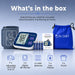 Dr. Odin blood pressure monitoring kit with arm cuff, monitor, batteries, user manual, and pouch on a blue background.