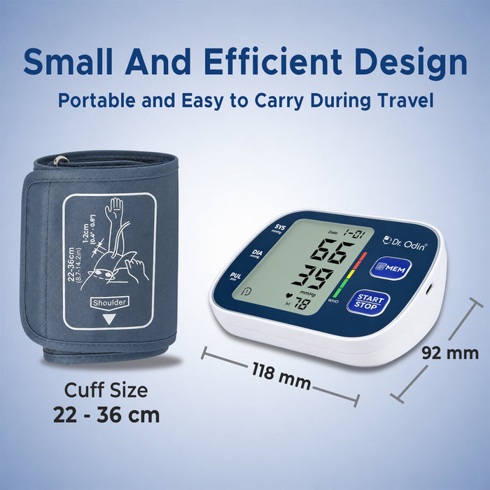 Blood pressure monitor with cuff and digital display on a light blue background