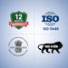 Four logos on a light blue background: 12 months warranty, ISO 13485, CDSCO logo, and 'Make in India' tiger.