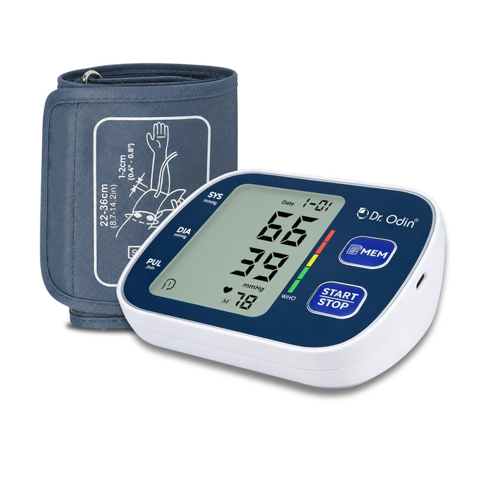 Blood pressure monitor with digital display on a white background