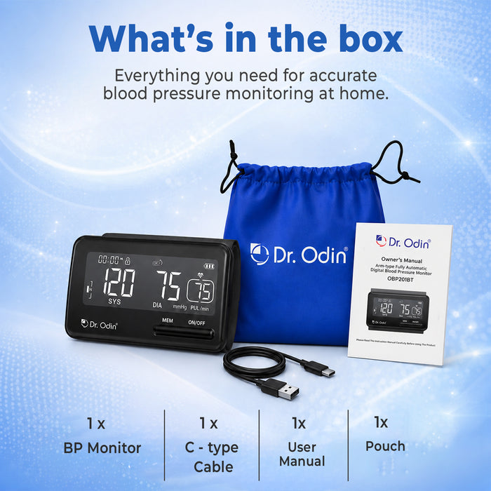 Dr. Odin blood pressure monitor set with monitor, cable, user manual, and pouch on a blue gradient background.
