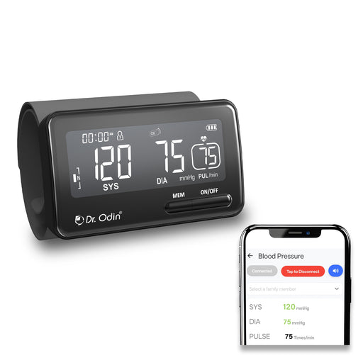 Blood pressure monitor with digital display and smartphone app interface on a white background