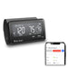 Blood pressure monitor with digital display and smartphone app interface on a white background