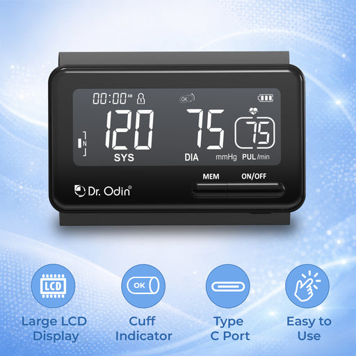 Blood pressure monitor with digital display on a blue gradient background, featuring the brand 'Dr. Odin'.