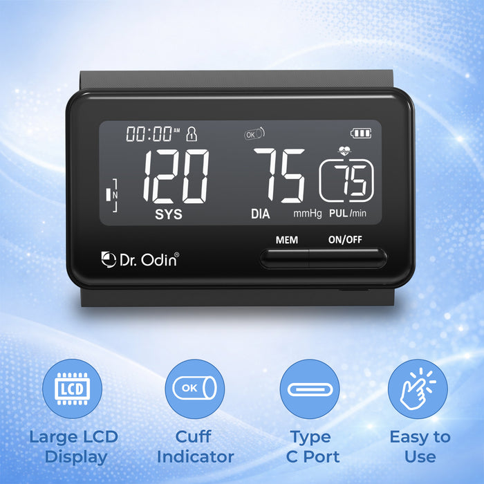 Blood pressure monitor with digital display on a blue gradient background, featuring the brand 'Dr. Odin'.