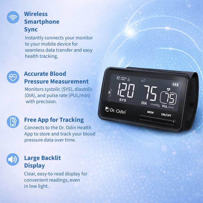 Blood pressure monitor with digital display on a blue background