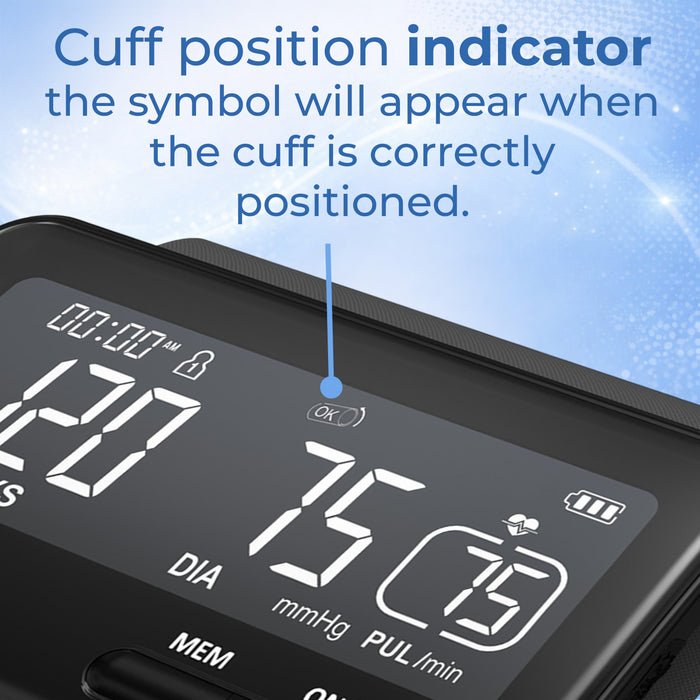 Digital blood pressure monitor with cuff position indicator on a blue gradient background
