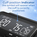 Digital blood pressure monitor with cuff position indicator on a blue gradient background