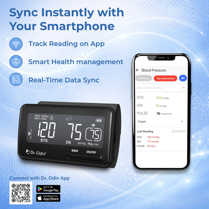 Digital blood pressure monitor with smartphone app on a blue background