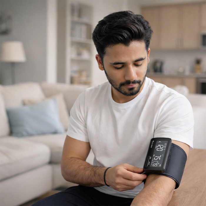 Man using a blood pressure monitor in a living room