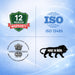 Four certification logos on a blue background: 12 months warranty, ISO 13485, CDSCO logo, and Make in India logo.