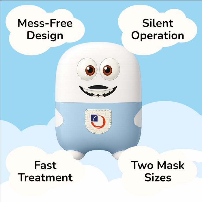 Cartoon character with cloud background and text about product features