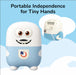 Cartoon character device with 'Portable Independence for Tiny Hands' text on a blue background