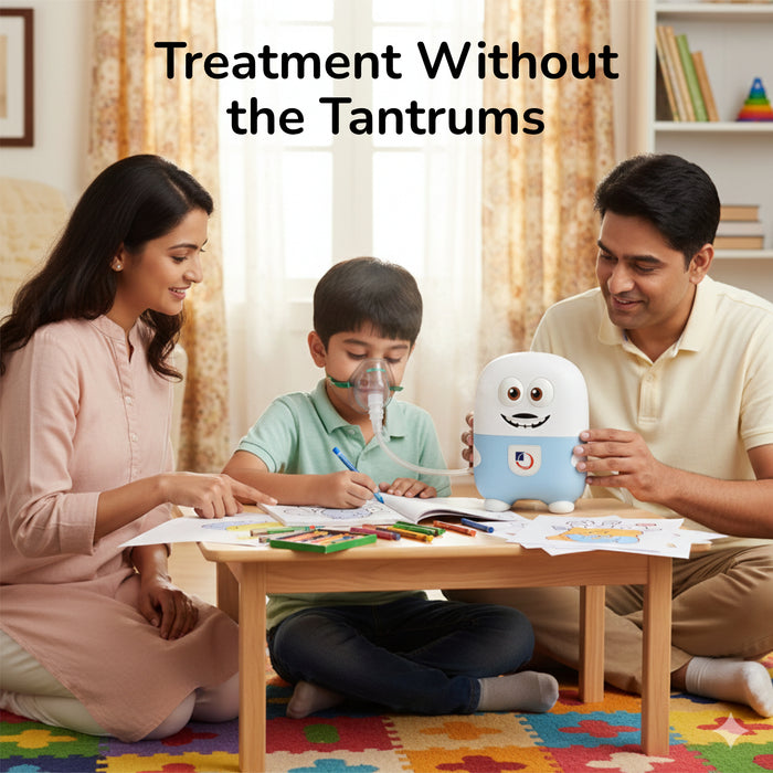 Family with a child using an inhaler and a robot-like device in a home setting.