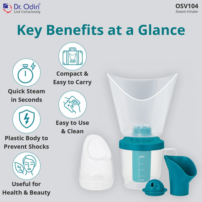 Dr. Odin steam inhaler with key benefits listed on a gray background