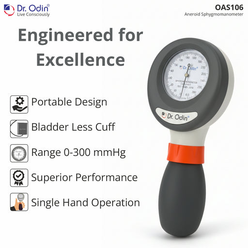 Dr. Odin aneroid sphygmomanometer with features listed on a white background