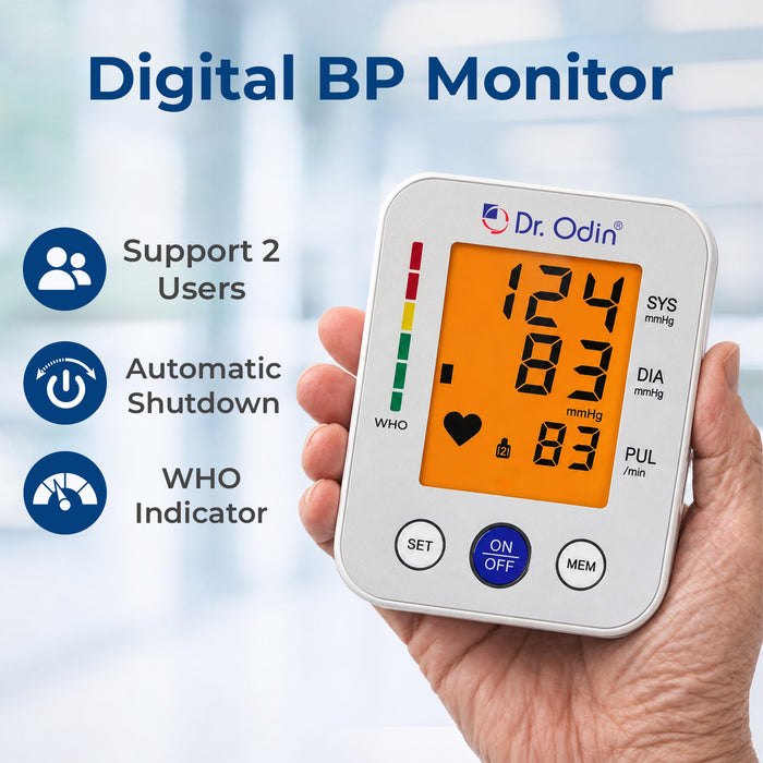 Digital blood pressure monitor held in a hand with product features listed.