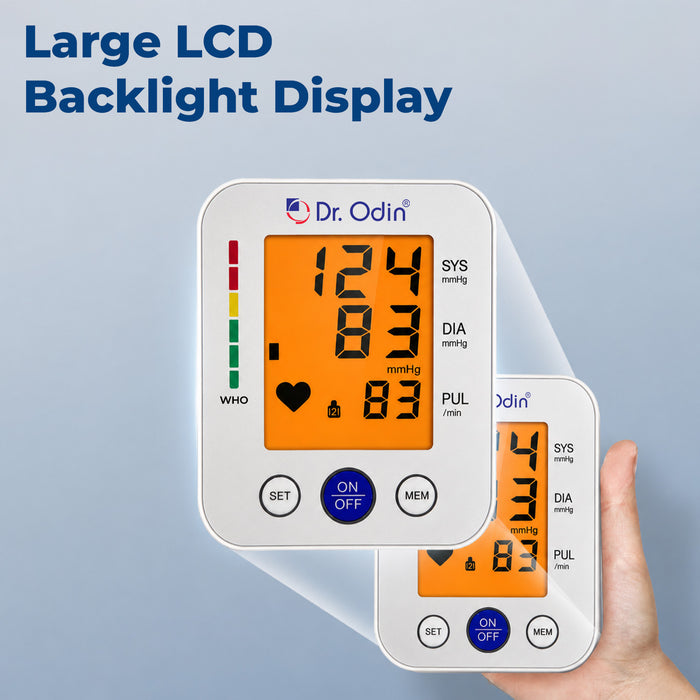 Dr. Odin blood pressure monitor with large LCD display on a blue background