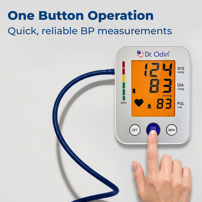 Dr. Odin blood pressure monitor with digital display and hand pressing a button on a light gray background.