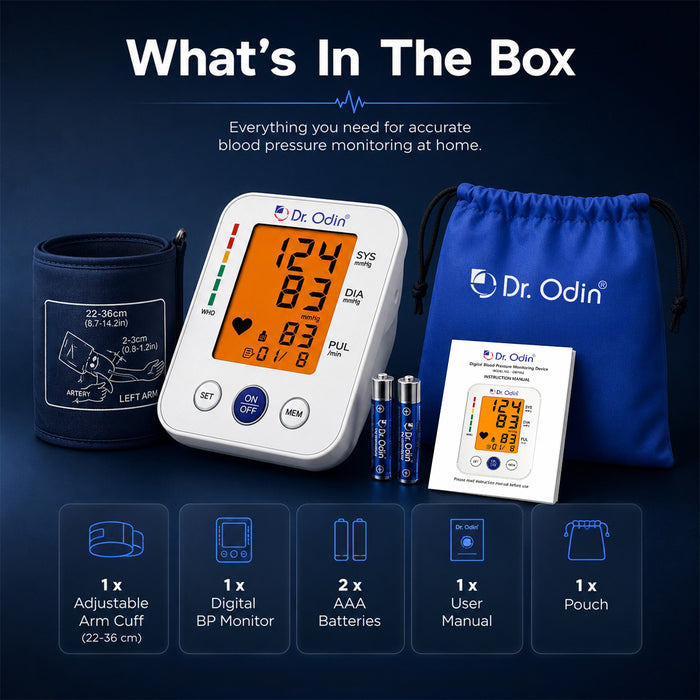 Dr. Odin blood pressure monitor set with arm cuff, batteries, and user manual on a dark background.