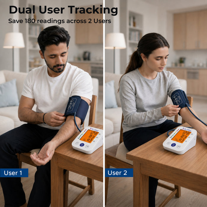 Two people using a blood pressure monitor in a home setting with text about dual user tracking.