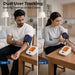 Two people using a blood pressure monitor in a home setting with text about dual user tracking.