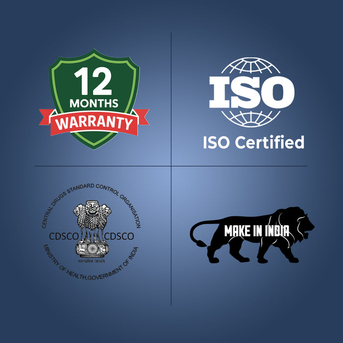 Four logos on a blue background: 12 months warranty, ISO certification, CDSCO logo, and 'Make in India' lion.