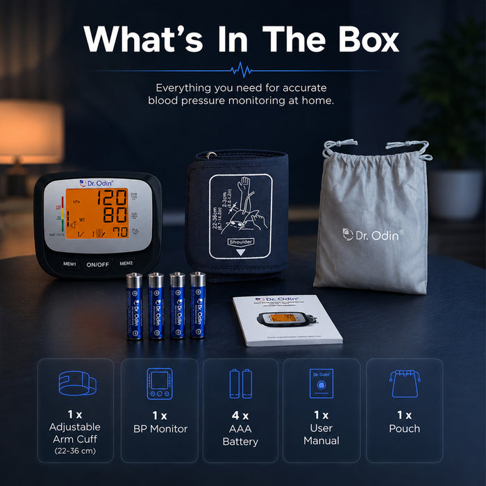 Dr. Odin blood pressure monitoring kit with arm cuff, monitor, batteries, and pouch on a dark surface.