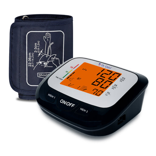 Blood pressure monitor with digital display and cuff on a white background