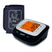 Blood pressure monitor with digital display and cuff on a white background