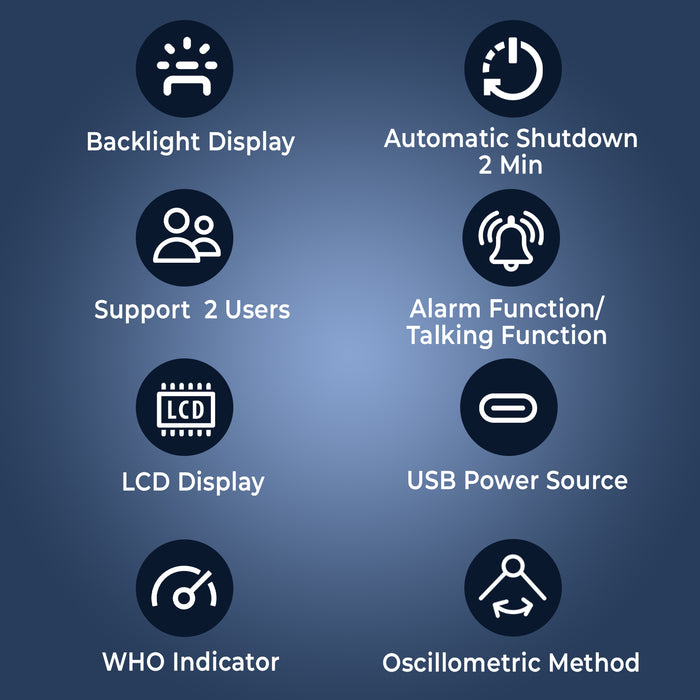 List of features with icons and descriptions on a blue gradient background