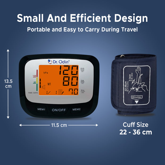 Blood pressure monitor with digital display and wrist cuff, labeled 'Dr. Odin', on a blue background.