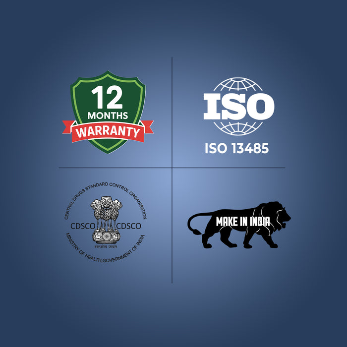 Four logos on a blue background: 12 months warranty, ISO 13485, CDSCO logo, and 'Make in India' tiger emblem.